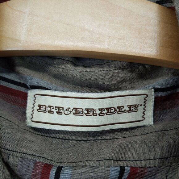 Bit & Bridle Mens Western Shirt Long Sleeve Pearl Snaps Striped SZ XL Brown Red - Picture 11 of 12